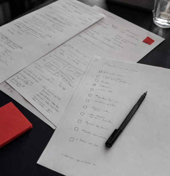 Besprechungsnotizen und Checkliste auf einem Schreibtisch
